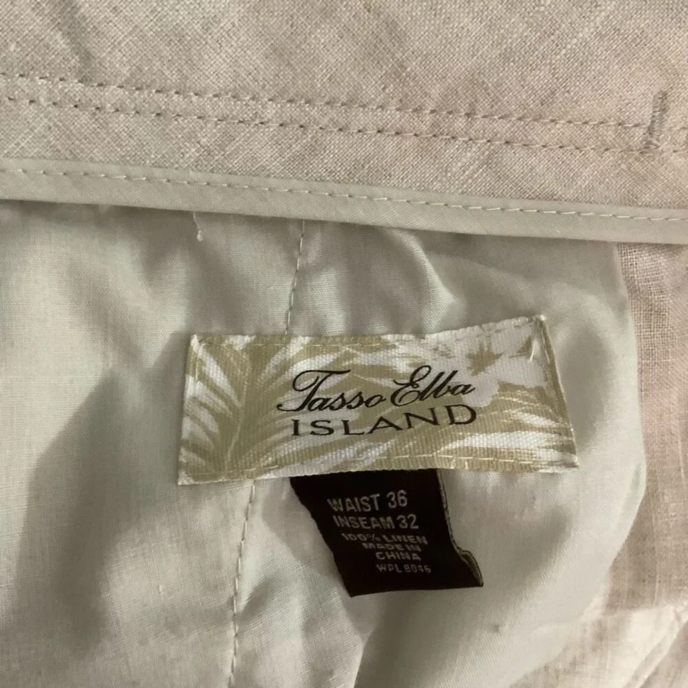 TASSO ELBA‎ Island Pants Men 36x32 Beige 100% Linen Drawstring Trousers Beach